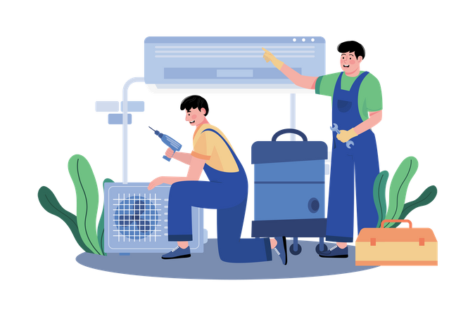 A contractor oversees the installation of HVAC systems in a large office building  Illustration