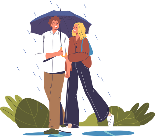 A Couple Characters In Love Finds Solace Beneath A Shared Umbrella  일러스트레이션