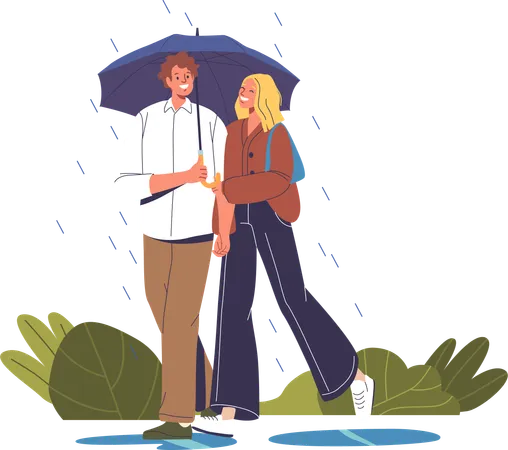 A Couple Characters In Love Finds Solace Beneath A Shared Umbrella  Illustration