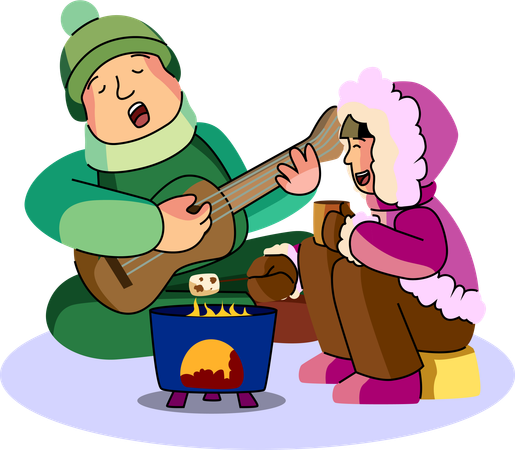 A couple enjoys a romantic winter evening with music and marshmallows by the fire  Illustration