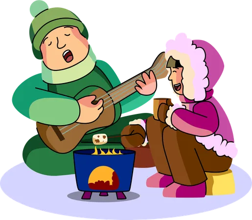 A couple enjoys a romantic winter evening with music and marshmallows by the fire  Illustration