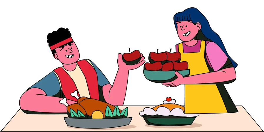 A Couple Enthusiastically Prepares A Traditional Thanksgiving Meal Complete With A Roasted Turkey And Fresh Vegetables Illustration