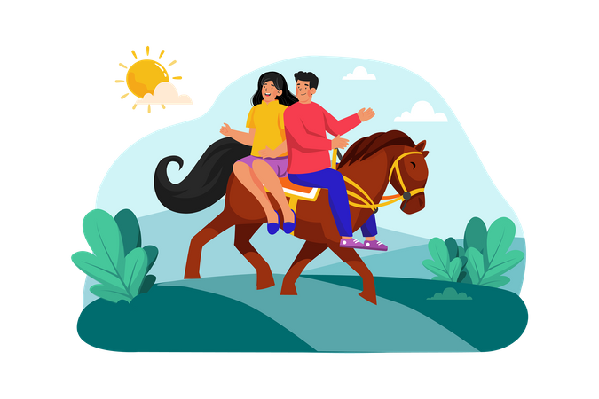 A couple goes horseback riding along picturesque trails in the morning  Illustration