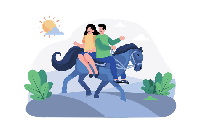 A couple goes horseback riding along picturesque trails in the morning  イラスト