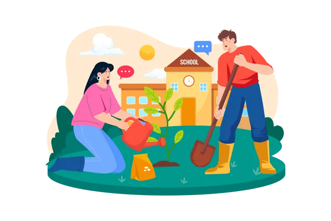 A Couple Is Planting And Taking Care Of Trees In The Schoolyard Illustration