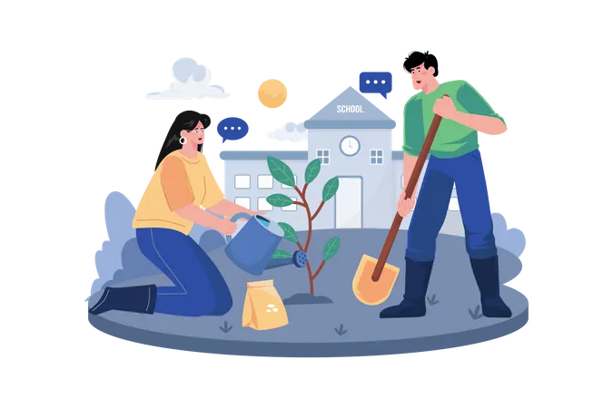 A Couple Is Planting And Taking Care Of Trees In The Schoolyard Illustration