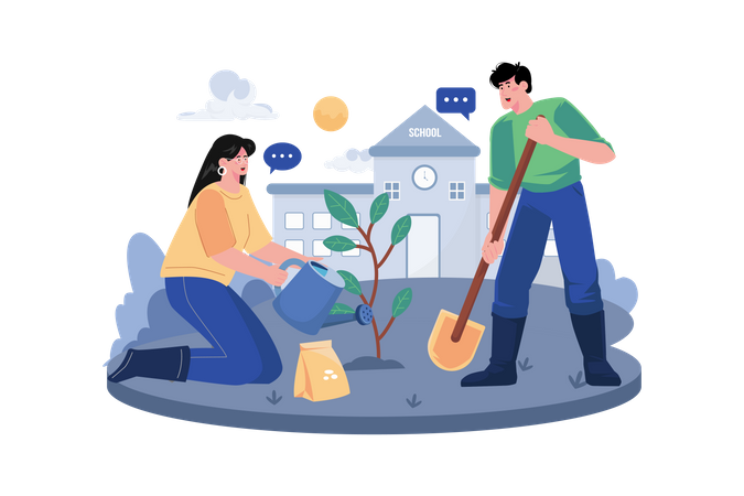 A Couple Is Planting And Taking Care Of Trees In The Schoolyard  Illustration