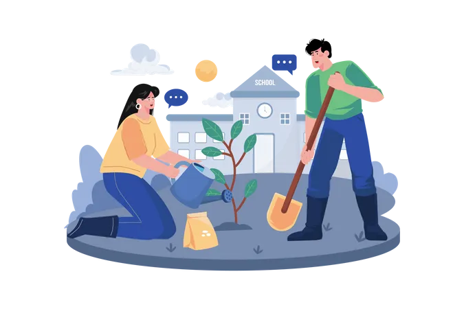 A Couple Is Planting And Taking Care Of Trees In The Schoolyard  Illustration