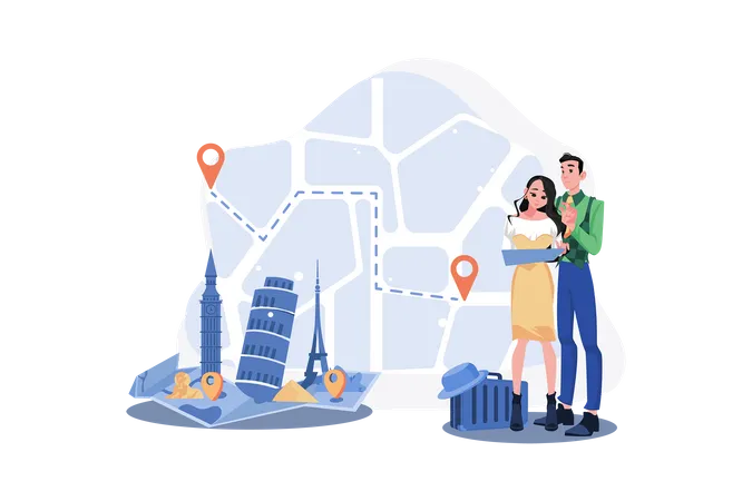 A couple is researching new places on the map  Illustration