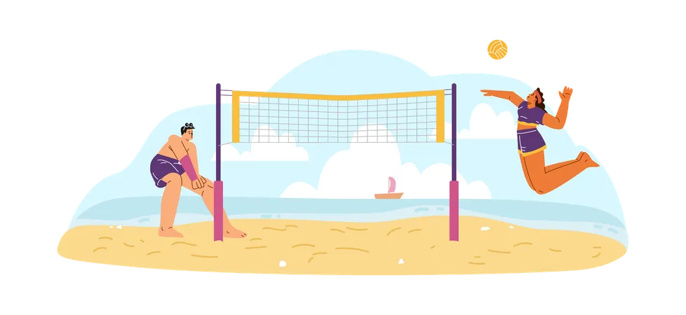 A couple plays an active sport on a sandy beach by the sea  Illustration