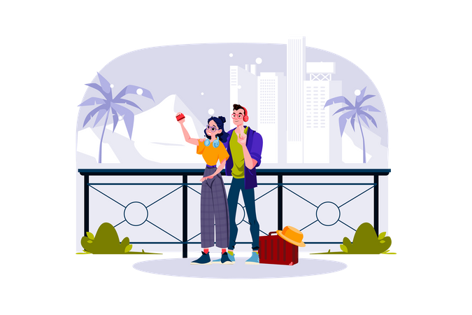 A couple takes photos at beautiful tourist spots  イラスト