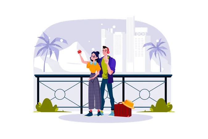 A couple takes photos at beautiful tourist spots  イラスト