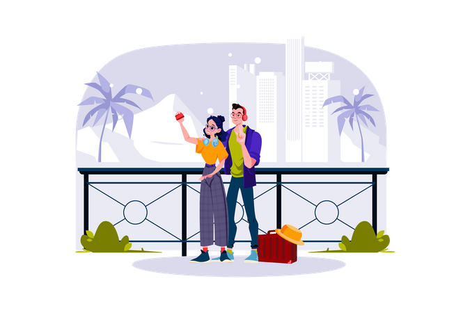 A couple takes photos at beautiful tourist spots  Illustration