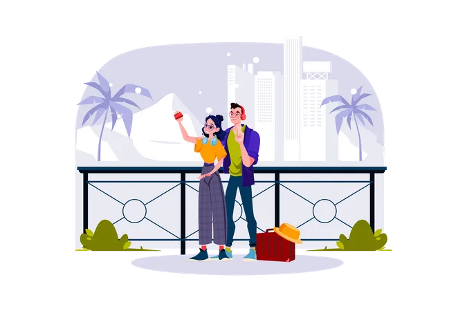 A couple takes photos at beautiful tourist spots  Illustration