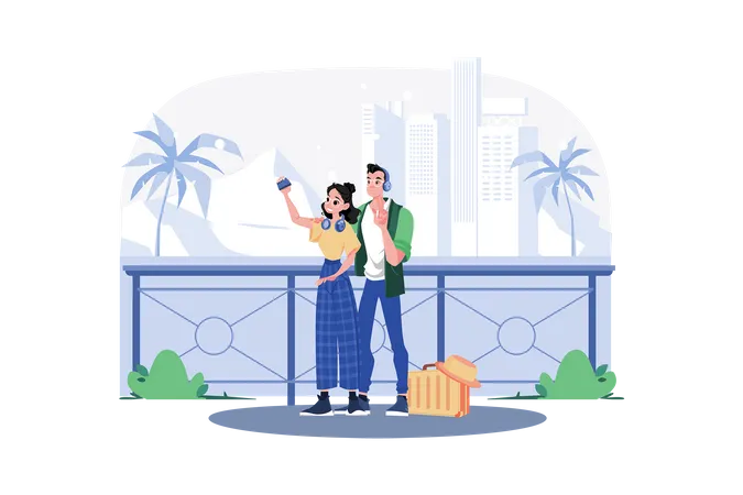 A couple takes photos at beautiful tourist spots  Illustration