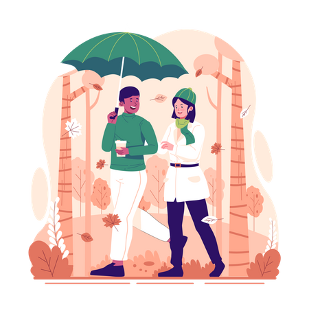 A couple walking in the park in autumn  Illustration