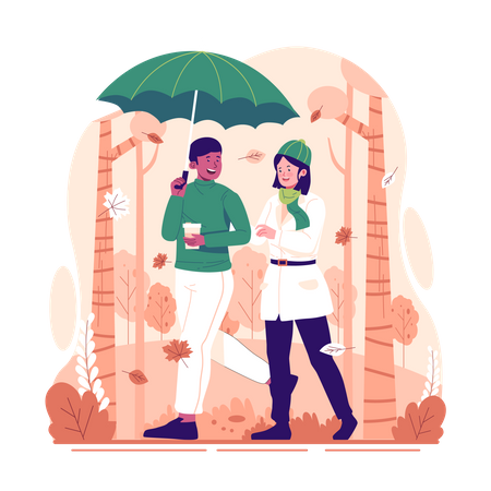 A couple walking in the park in autumn  イラスト
