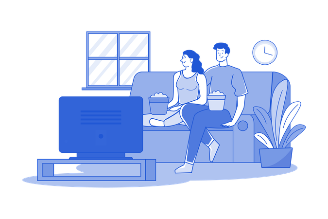 A Couple Watching Tv In The Living Room  Illustration