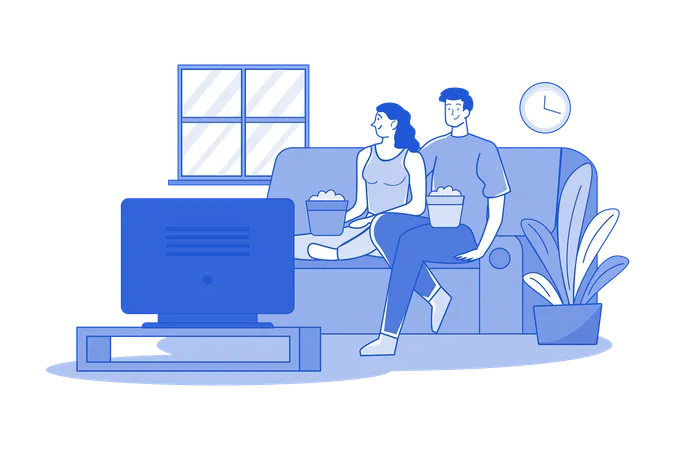 A Couple Watching Tv In The Living Room  Illustration