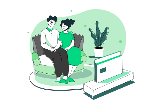 A Couple Watching Tv In The Living Room  Illustration