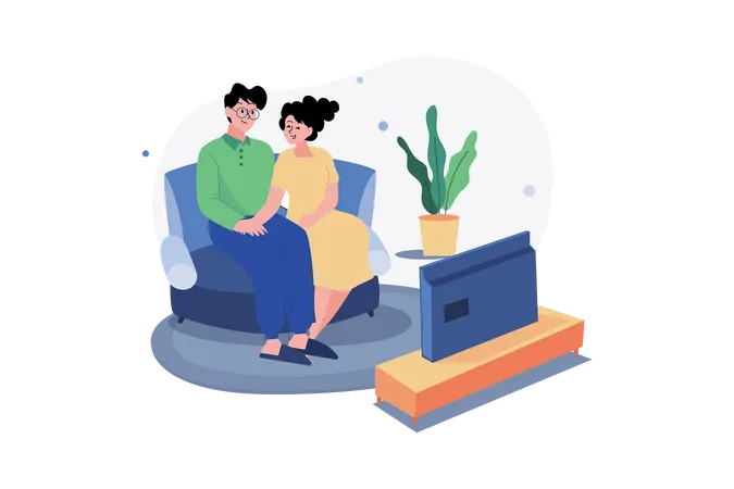 A Couple Watching Tv In The Living Room  Illustration