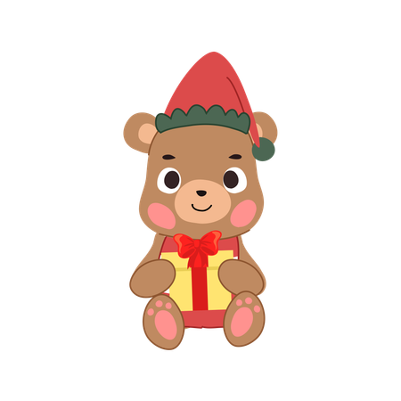 A cute bear dressed in winter clothing holding a colorful gift box  Illustration