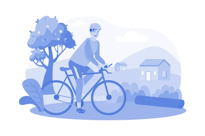 A cyclist rides in the countryside in the morning  Illustration