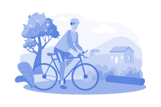 A cyclist rides in the countryside in the morning  Illustration