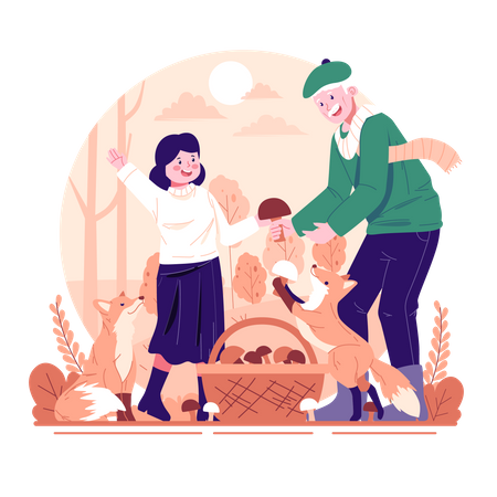 A daughter picking mushrooms with grandfather  Illustration