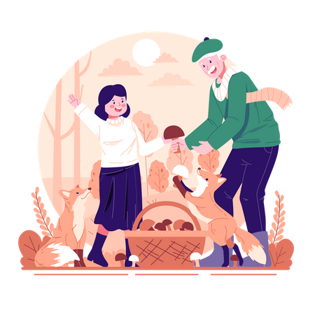 A daughter picking mushrooms with grandfather  Illustration