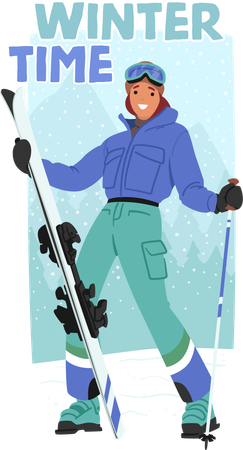 A destemida esquiadora faz uma pose triunfante nas encostas nevadas  Ilustração