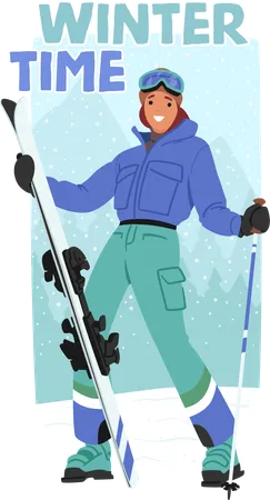 A destemida esquiadora faz uma pose triunfante nas encostas nevadas  Ilustração