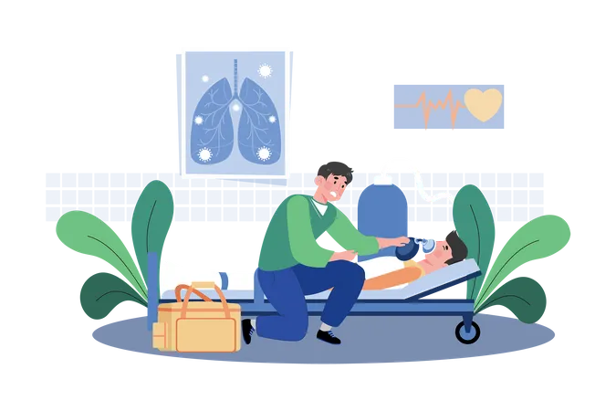 A Doctor Helps Patients Breathing Difficulties  Illustration