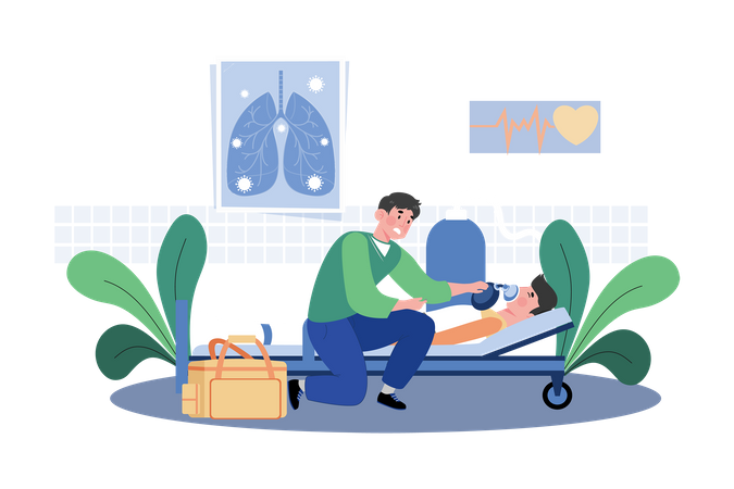 A Doctor Helps Patients Breathing Difficulties  Illustration