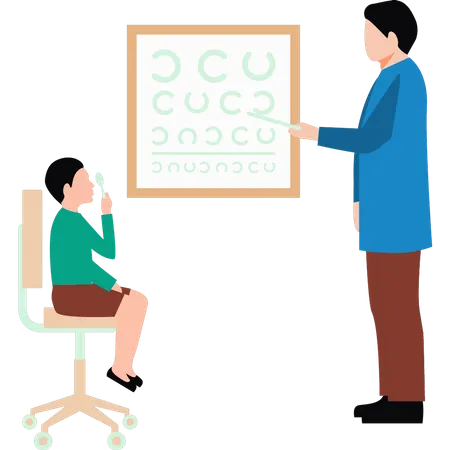A doctor is taking a boy's vision test  Illustration