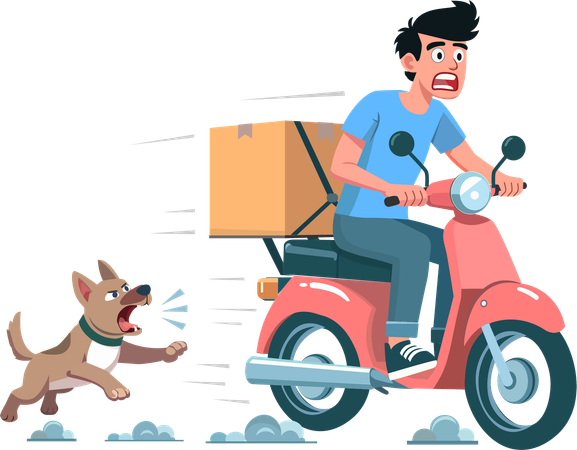 A dog chases a man riding a motorcycle or scooter delivery man  Illustration