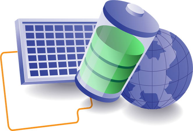 A energia do painel solar é usada para carregar a bateria  Ilustração
