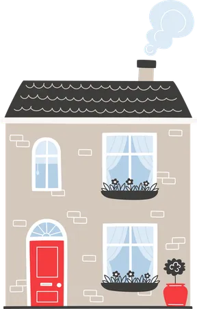 A English House With A Red Door In Cartoon Style Illustration