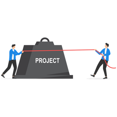 A equipe de negócios empurra e puxa a carga do projeto para atingir a meta  Ilustração