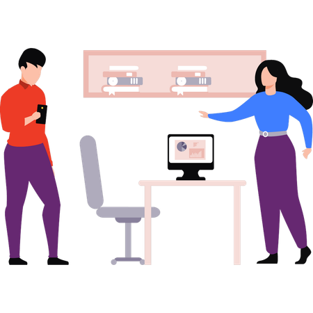 A equipe de negócios está discutindo informações analíticas no computador  Ilustração