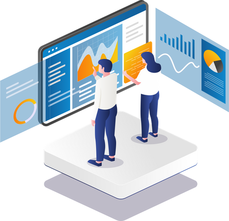 A equipe está processando dados analíticos no monitor do painel  Ilustração