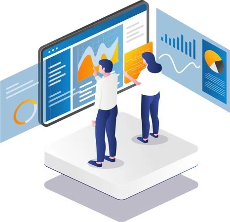 A equipe está processando dados analíticos no monitor do painel  Ilustração