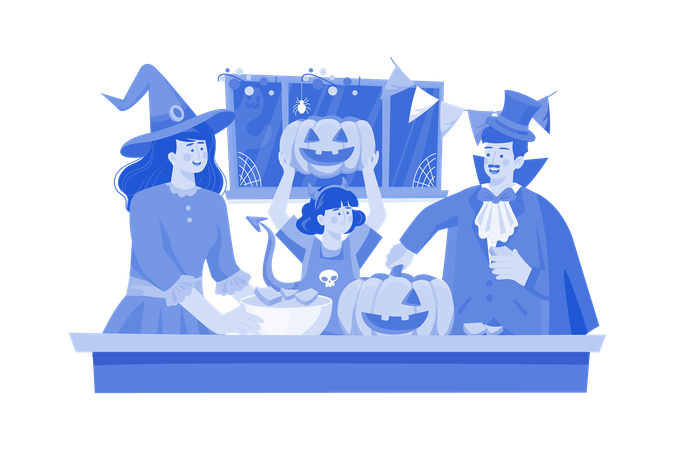 A família está decorando para o Halloween  Ilustração