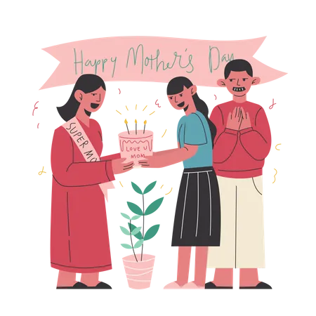A Family Celebrates Mother's Day  Illustration