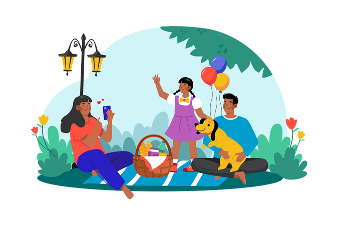 A family enjoys a morning picnic in the park, surrounded by nature  Illustration