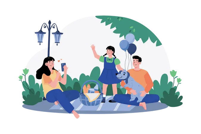 A Family Enjoys A Morning Picnic In The Park Surrounded By Nature Illustration
