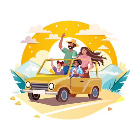 A family enjoys road trip in a car  Illustration