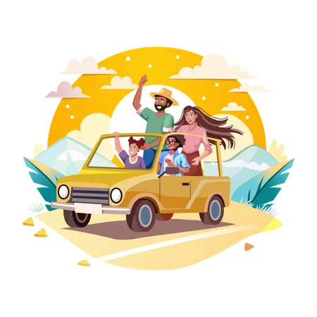 A family enjoys road trip in a car  Illustration