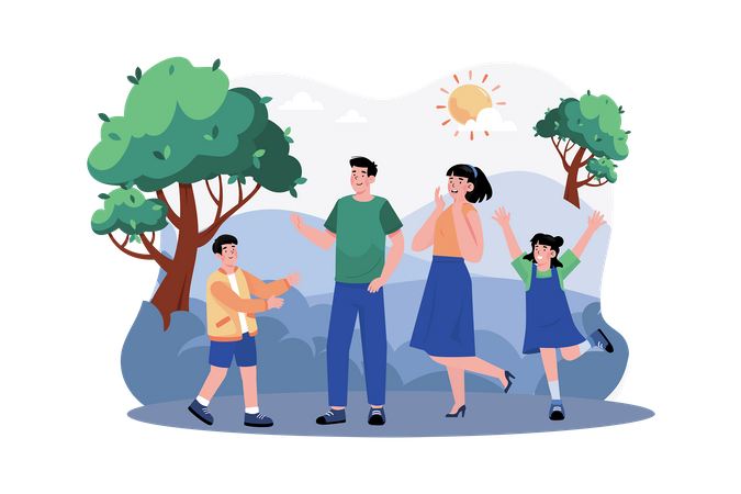 A family goes for a morning hike in the mountains  イラスト