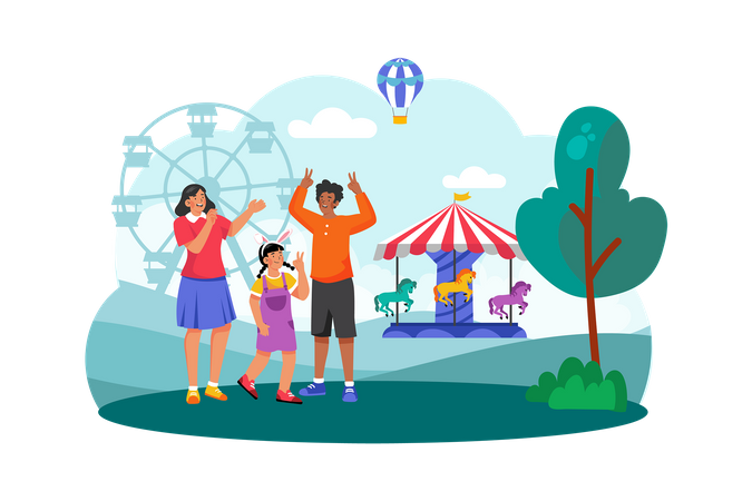 A family visits a nearby amusement park for a fun-filled morning of rides and attractions  Illustration